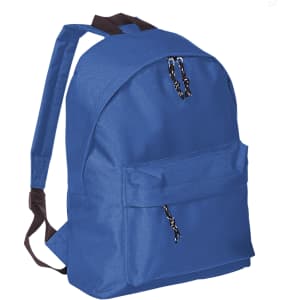 A blue backpack with a front pocket and dual zippered closures, featuring adjustable straps and a logo.