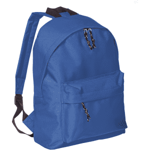 A blue backpack with a front pocket and adjustable straps. It features a branded logo.