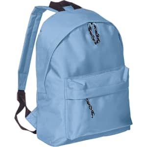 A blue backpack with a front pocket and adjustable straps, featuring a logo on the side.