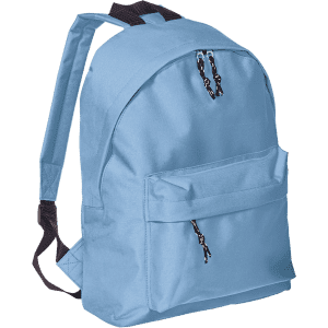 A light blue backpack with a front pocket and adjustable straps, featuring a logo on the front.