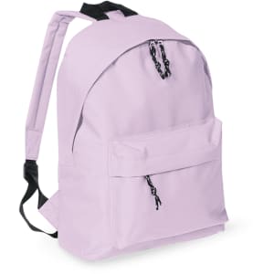 A light purple backpack with a front pocket and black straps. It features a logo on the exterior.
