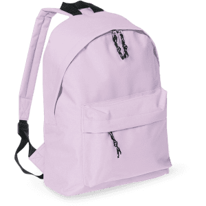 A lilac backpack with a front pocket and black straps, featuring a simple design and an unbranded logo.