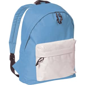 A blue backpack with a white front pocket and black straps. It features a logo on the front.