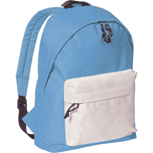 A blue backpack with a white front pocket and a logo. Features adjustable straps and a zip closure.