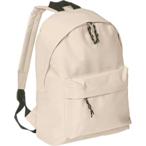 A beige backpack with black straps and a front pocket, featuring a zipper and drawstring details.