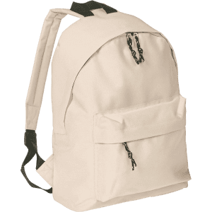 A beige backpack with adjustable straps and a front pocket. It features a logo on the front.