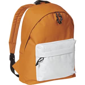 An orange backpack featuring a white front pocket and a simple design. It includes a logo on the front.