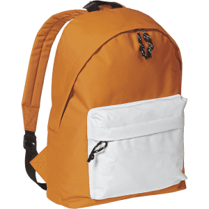 An orange backpack with a white front pocket and black zippers, featuring padded shoulder straps.