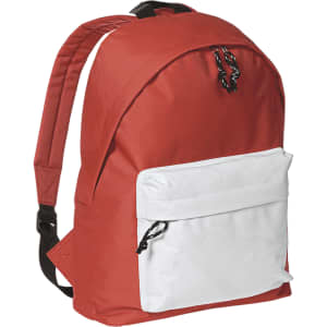 A red backpack with a white front pocket, featuring adjustable straps and a logo.