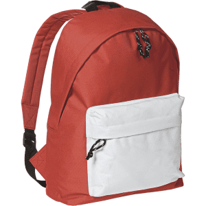 A red backpack with a white front pocket and adjustable black straps. It features a logo on the surface.