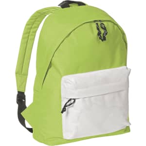 A bright green backpack with a white front pocket and black straps, featuring a logo on the front.