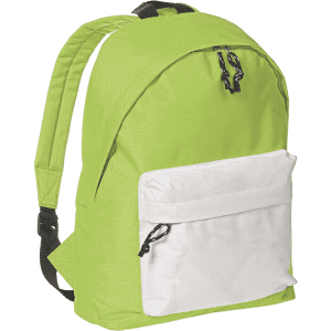 A bright green backpack with a white front pocket and black straps, featuring a logo.