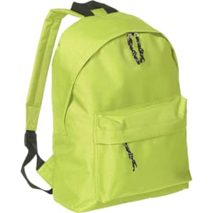 A bright lime green backpack featuring a front pocket and adjustable straps, with a logo on the side.