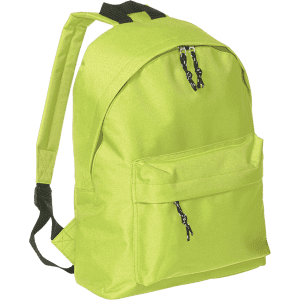 A bright green backpack with a front pocket and black accents, featuring a logo on the side.