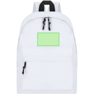 A white backpack with black straps and zippers, featuring a green rectangular section and a logo.