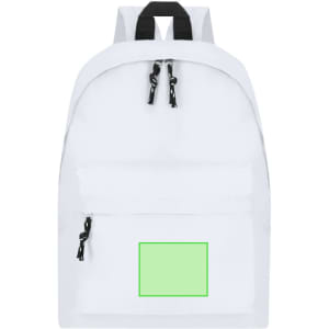 A white backpack with a front pocket and black straps. It features a logo and a blank green area.