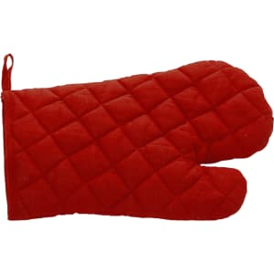 A red oven mitt with a quilted pattern and a hanging loop. Suitable for kitchen use.