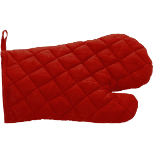 A red quilted oven mitt with a textured surface and a hanging loop. It has a logo on the side.