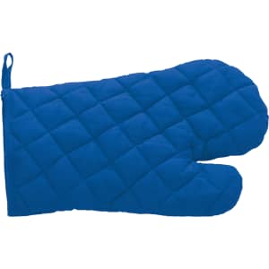 A blue quilted kitchen mitten with a hanging loop. It features a textured surface for grip.