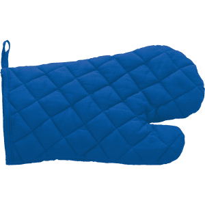 A blue oven mitten featuring a quilted design and a hanging loop. It has a single hand compartment.