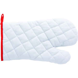 A white kitchen mitten with a red trim, featuring a quilted design for heat protection.