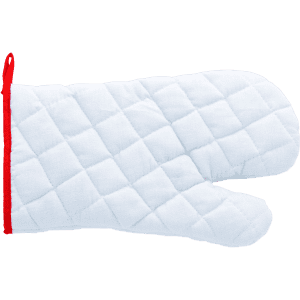 A light blue kitchen mitten with a red trim, featuring a quilted design for protection while handling hot items.