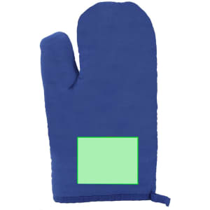 A blue kitchen mitten featuring a textured surface and a space for a logo or branding.