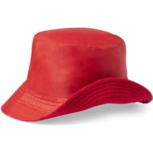 A red reversible hat with a wide brim, featuring a smooth exterior and textured inner band. It has a logo on it.