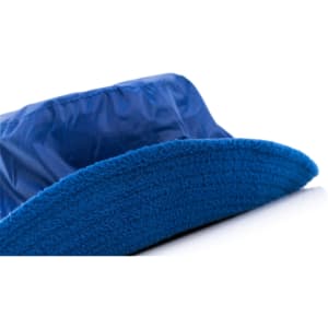 A blue reversible hat featuring a textured brim and a smooth crown, with a logo visible on the side.