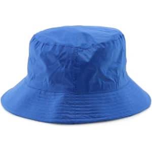 A blue reversible bucket hat with a smooth fabric finish and a branded logo.
