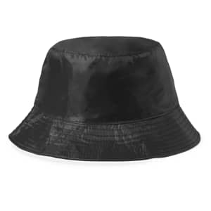 A black reversible bucket hat made from a shiny fabric, featuring a logo.
