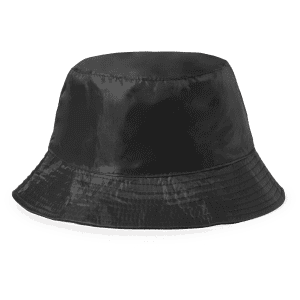 A black reversible bucket hat with a wide brim and a shiny finish, featuring a logo.