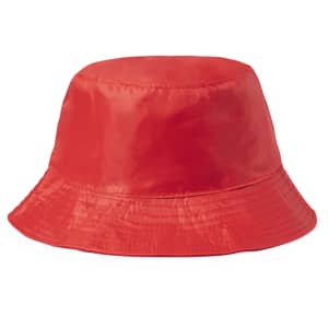 A red reversible bucket hat with a shiny finish and a wide brim, featuring a logo.