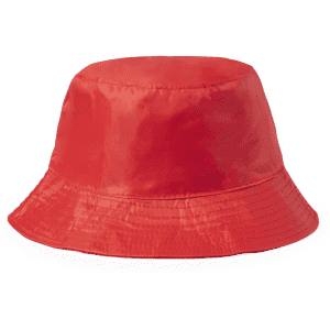 A red reversible bucket hat with a wide brim. The hat features a logo on the side.
