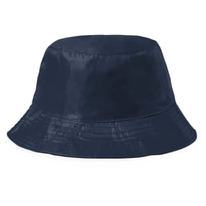 A navy blue reversible bucket hat with a wide brim and a smooth finish. It features a logo.