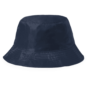 A navy blue reversible bucket hat with a white trim and a logo on the side.