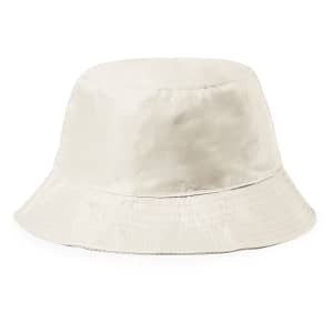 A cream-coloured reversible bucket hat with a wide brim and a subtle logo.