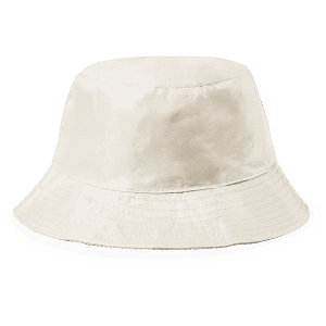 A beige reversible bucket hat with a wide brim and a logo. Suitable for various outdoor activities.