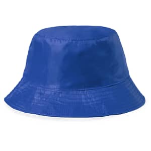 A blue reversible bucket hat with a glossy finish, featuring a branded logo.
