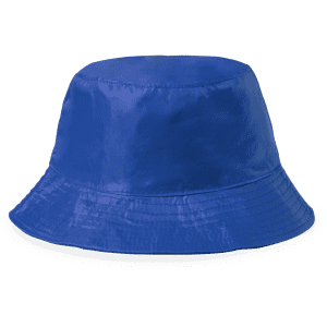 A blue reversible bucket hat with a wide brim, featuring a logo on the side.