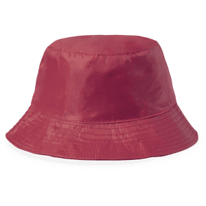 A maroon reversible bucket hat with a wide brim and a logo. Suitable for various outdoor activities.