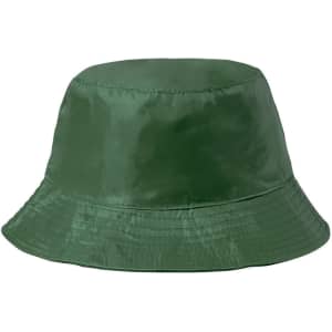 A green reversible bucket hat with a smooth finish and a logo. Perfect for headwear.