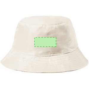 A beige reversible bucket hat with a branded logo on the front. The brim is wide and has a textured finish.