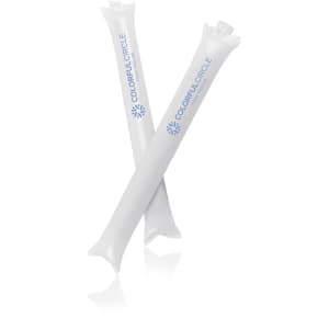 Two white cheering sticks with a logo, designed as novelty items for fun and games.