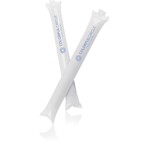 Two white cheering sticks with a logo, featuring pointed ends, positioned at an angle to each other.