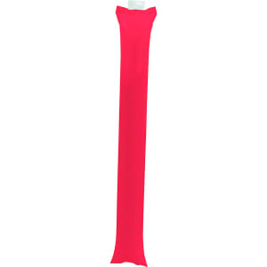 A bright red cheering stick with a sleek, elongated design. The item features a branding logo on one side.