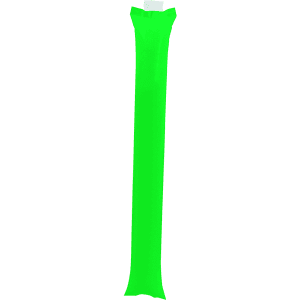 A bright green cheering stick with a pointed end, featuring a logo at the top.