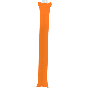 An orange stick cheering stick with a white top. It is tall and elongated in shape.