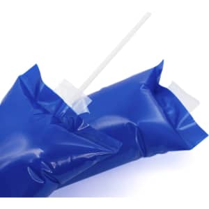 Two blue cheering sticks with clear straws and a logo printed on one side.