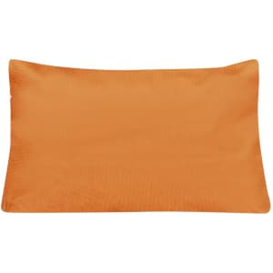 An orange toiletry bag with a textured surface and a simple design, featuring a logo on one side.